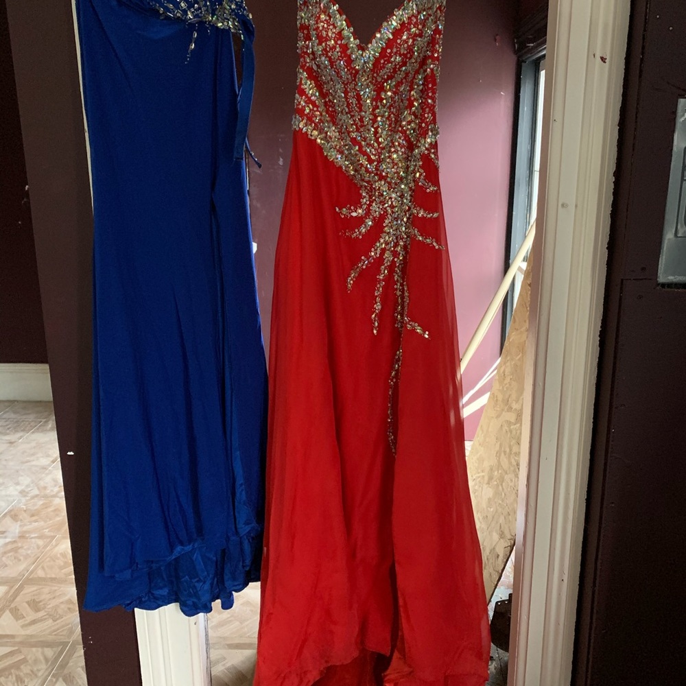 Red strapless bejeweled prom dress